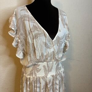 Elan Womens XL Mini Dress Tropical Leaf Print Smocked Waist Ruffle White Beige